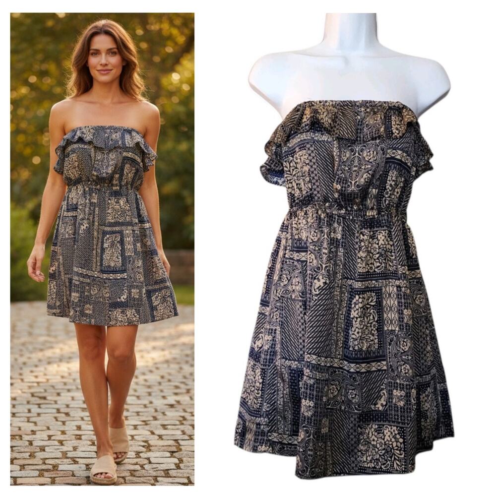 NEW Papaya Womens Strapless High Waist Shift Dress Size S Floral Ruffle Pleated